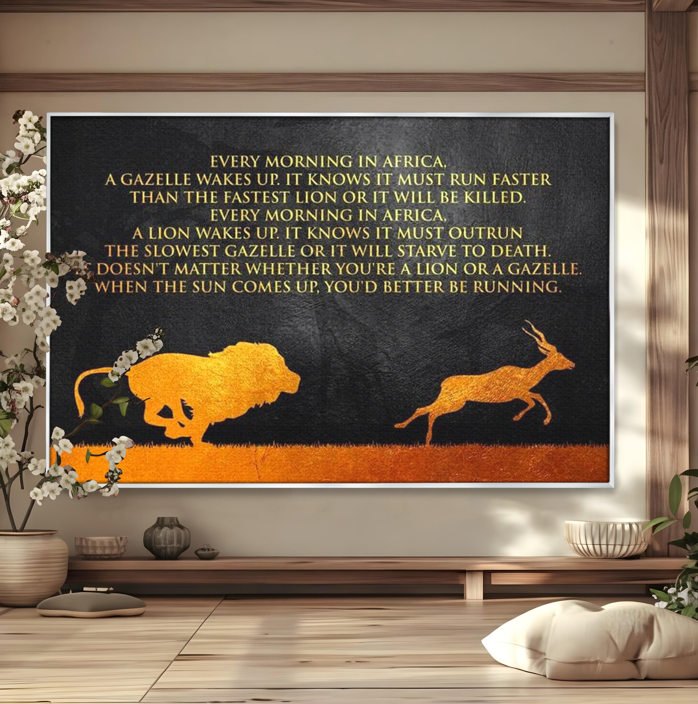 Tablou canvas cu tablou motivational cu leu si gazela, in rama de aluminiu argintiu